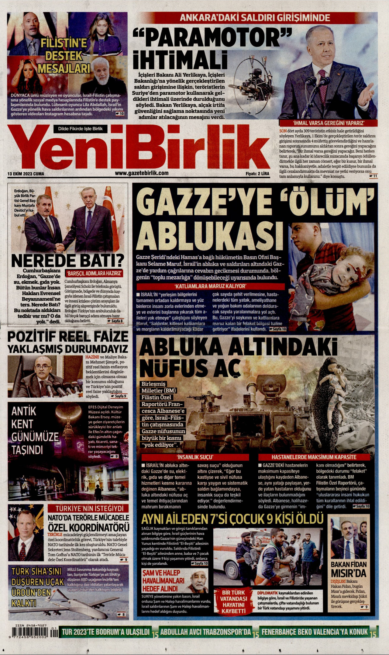 YeniBirlik Gazetesi - YeniBirlik Manşet Oku - Haberler 13 Ekim 2023