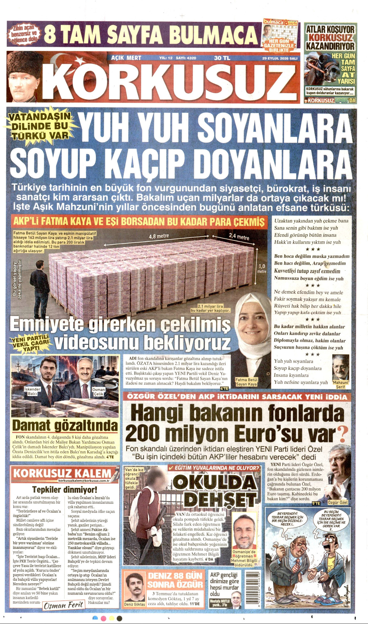 KORKUSUZ gazetesi 29 Eylül 2026 tarihli ilk sayfası