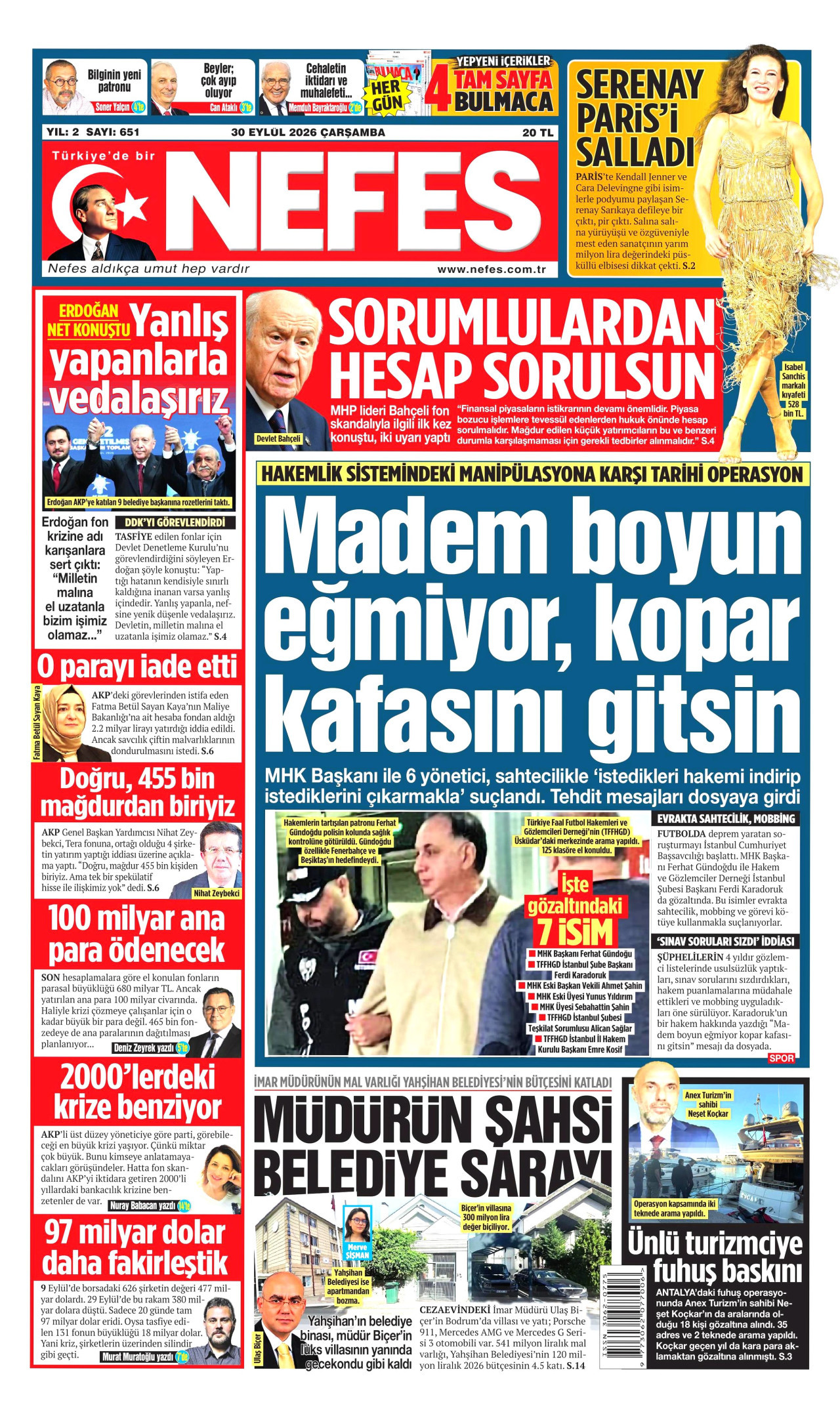 NEFES gazetesi 30 Eylül 2026 tarihli ilk sayfası