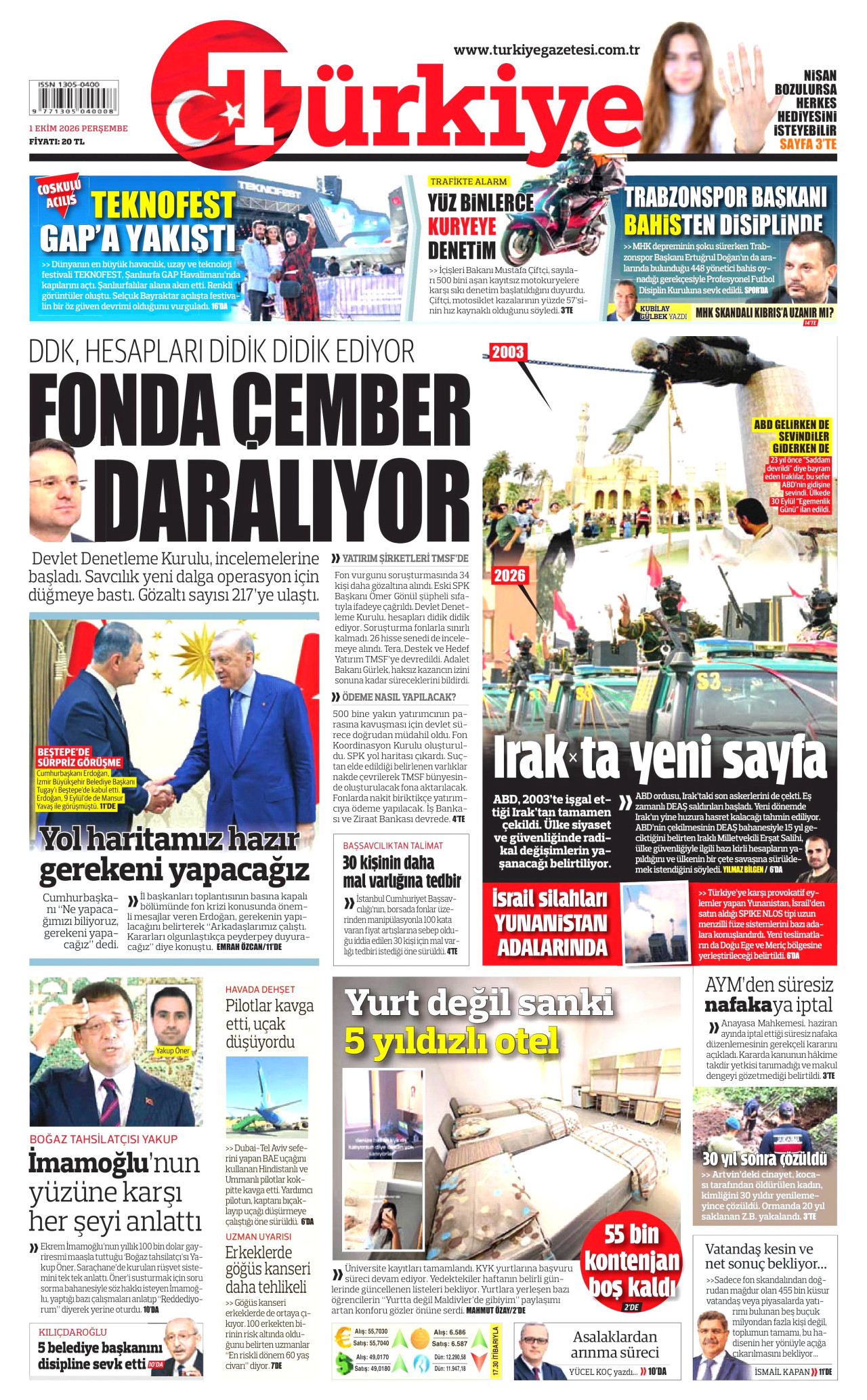 TÜRKİYE GAZETESİ gazetesi 1 Ekim 2026 tarihli ilk sayfası