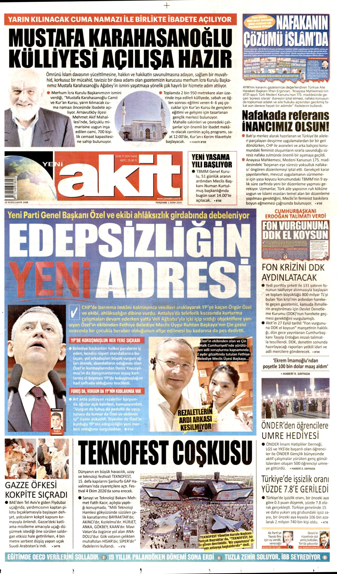 YENİ AKİT gazetesi 1 Ekim 2026 tarihli ilk sayfası
