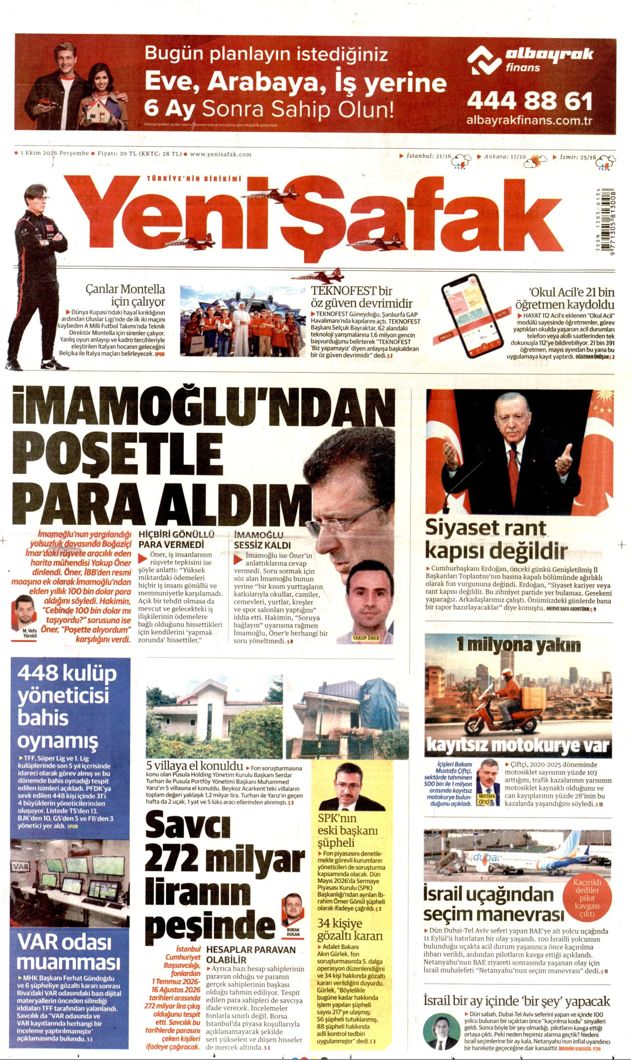 YENİ ŞAFAK gazetesi 1 Ekim 2026 tarihli ilk sayfası