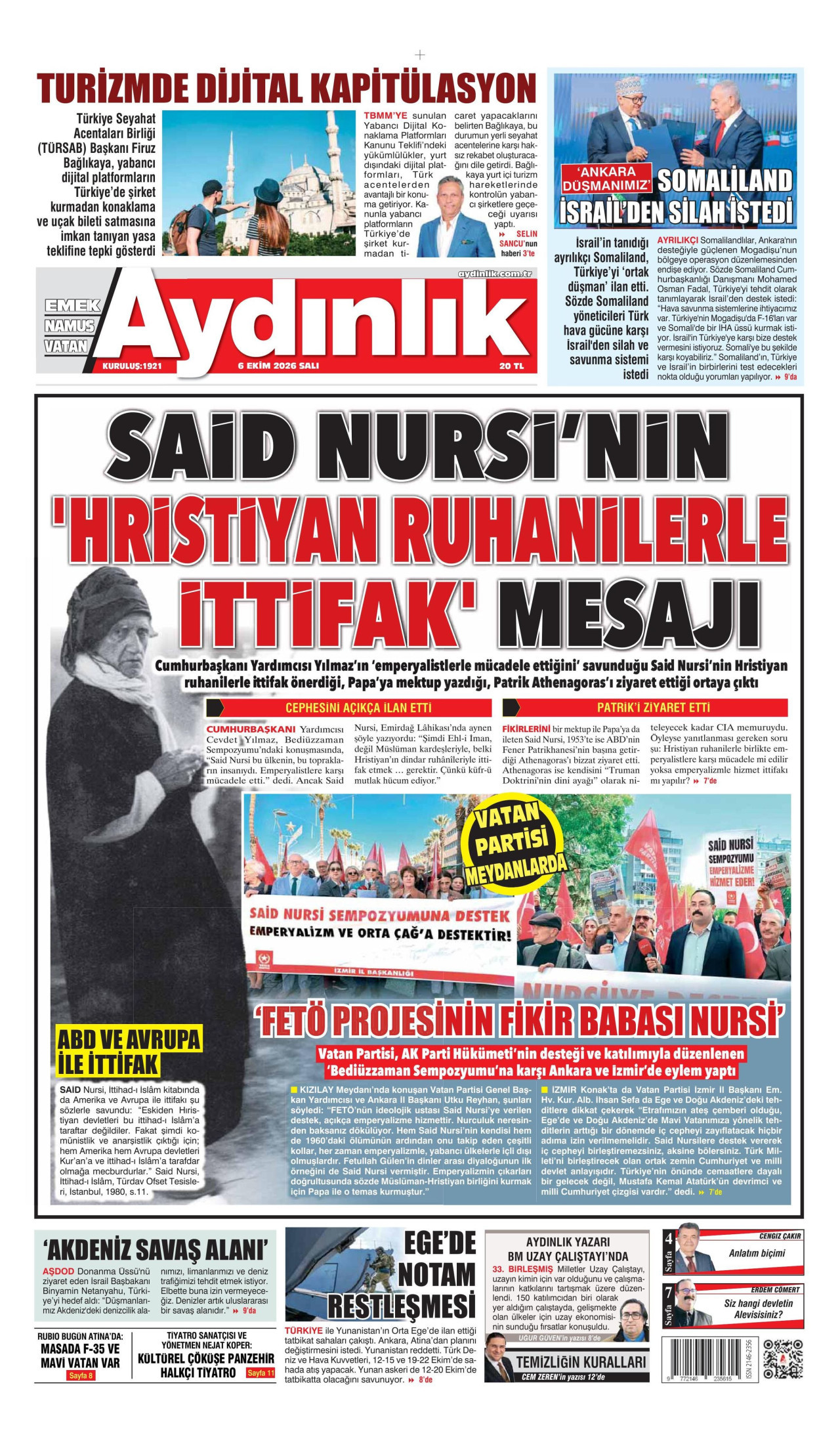 AYDINLIK GAZETESİ gazetesi 6 Ekim 2026 tarihli ilk sayfası