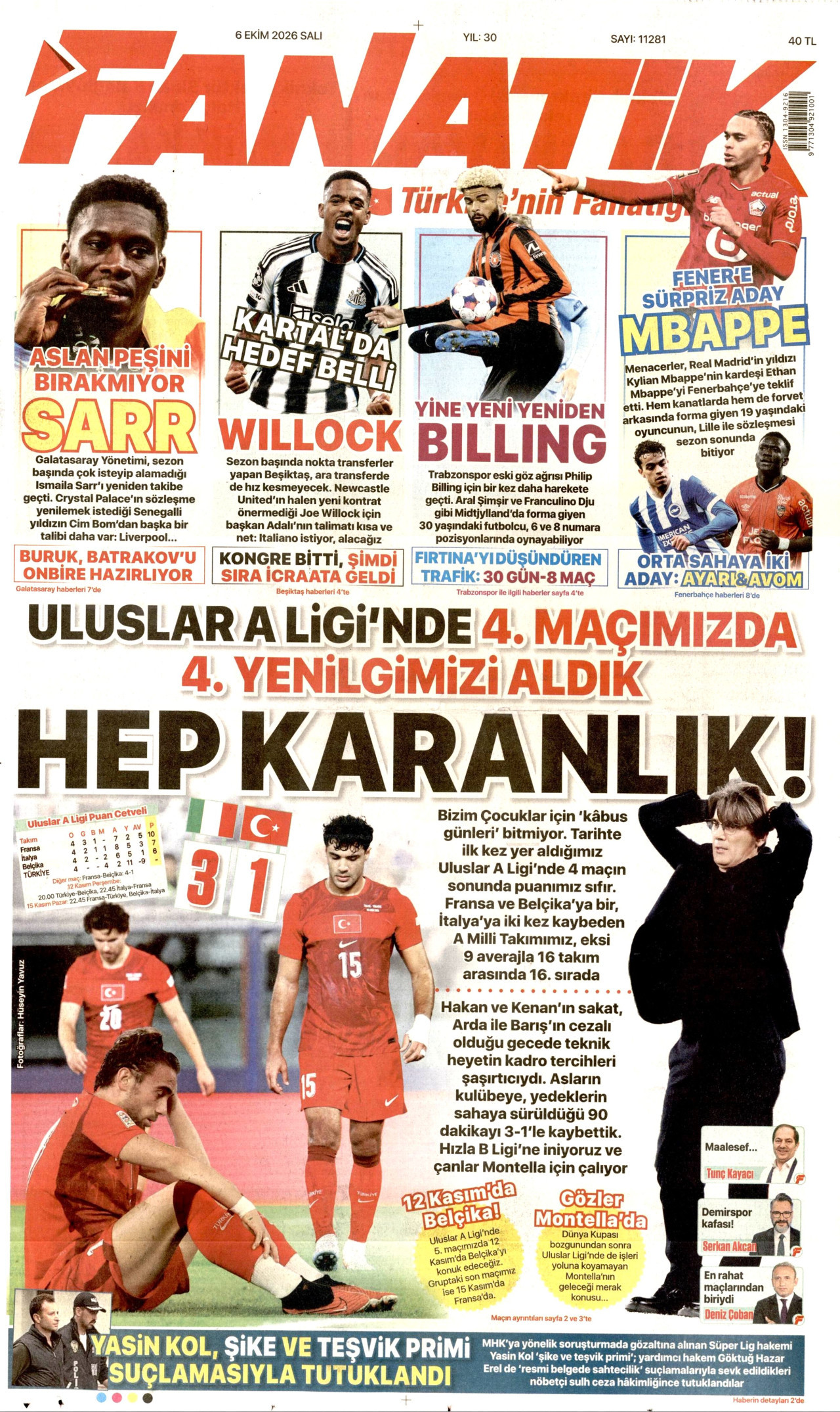 FANATİK gazetesi 6 Ekim 2026 tarihli ilk sayfası