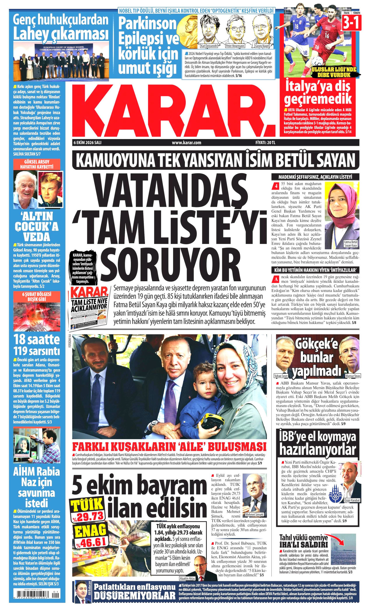 KARAR gazetesi 6 Ekim 2026 tarihli ilk sayfası