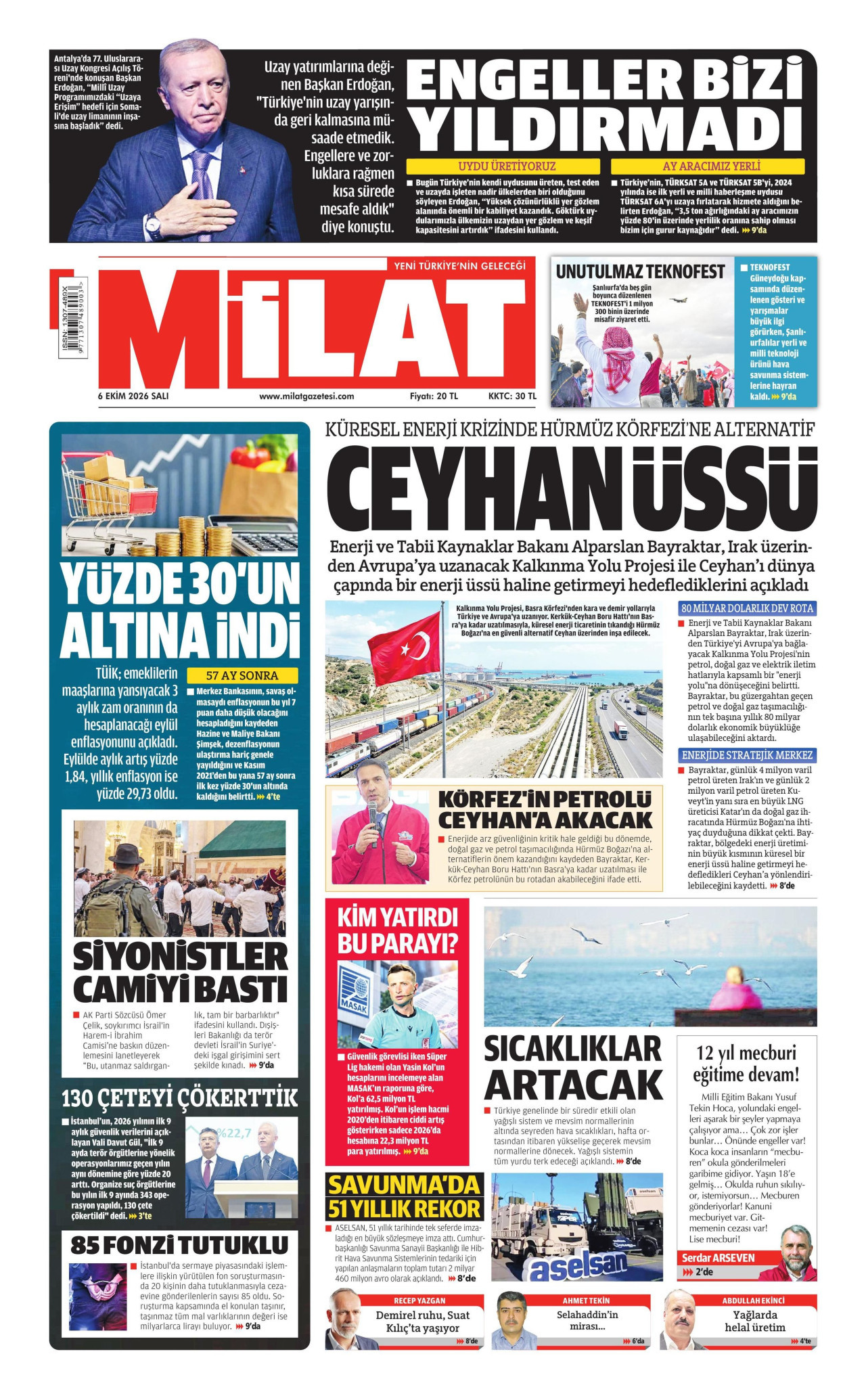 MİLAT gazetesi 6 Ekim 2026 tarihli ilk sayfası
