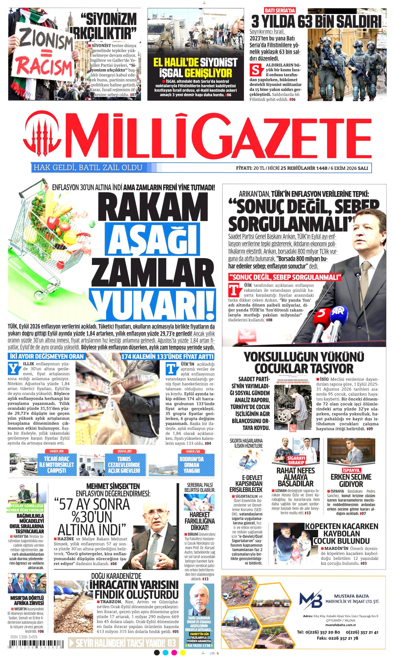 MİLLİ GAZETE gazetesi 6 Ekim 2026 tarihli ilk sayfası