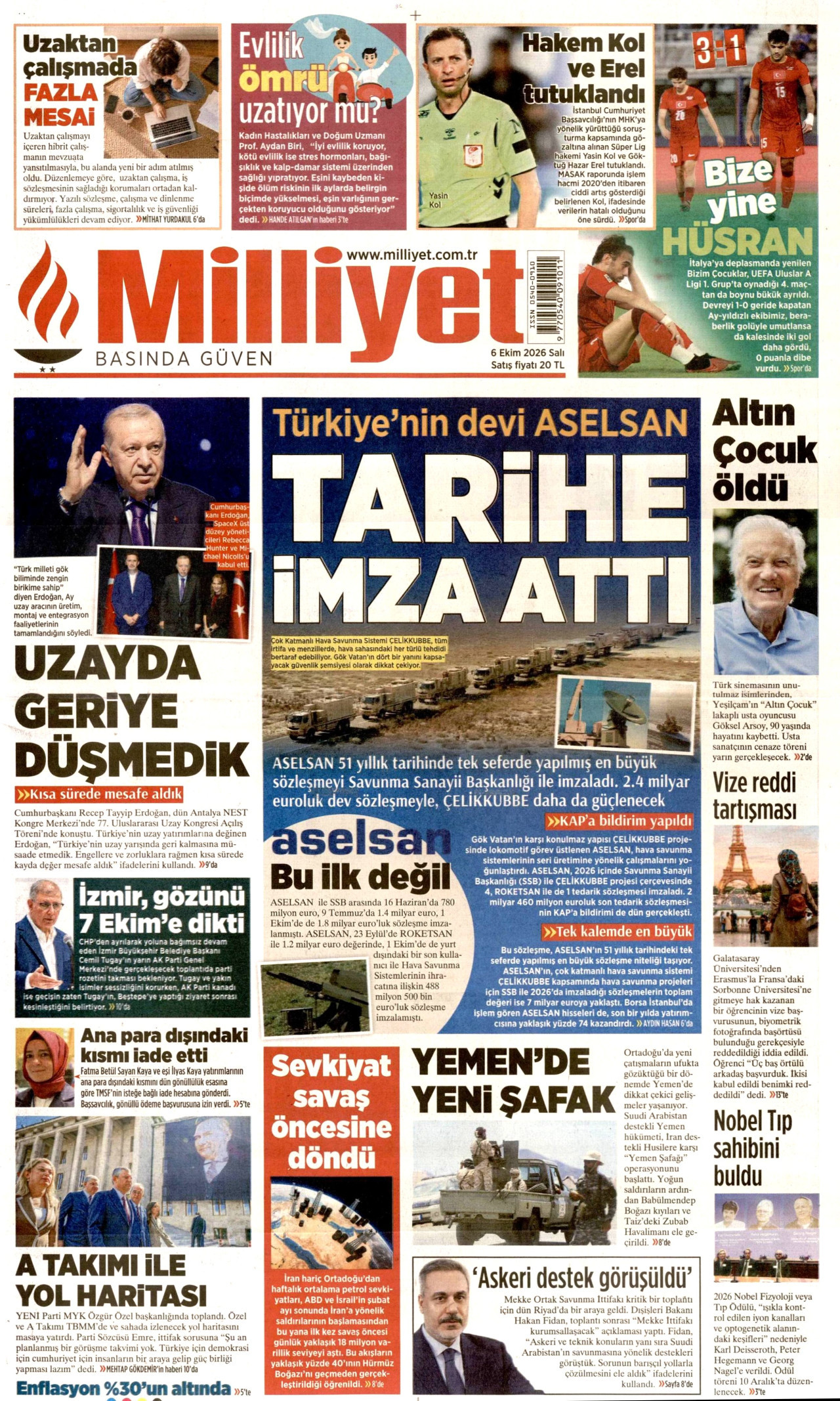 MİLLİYET gazetesi 6 Ekim 2026 tarihli ilk sayfası