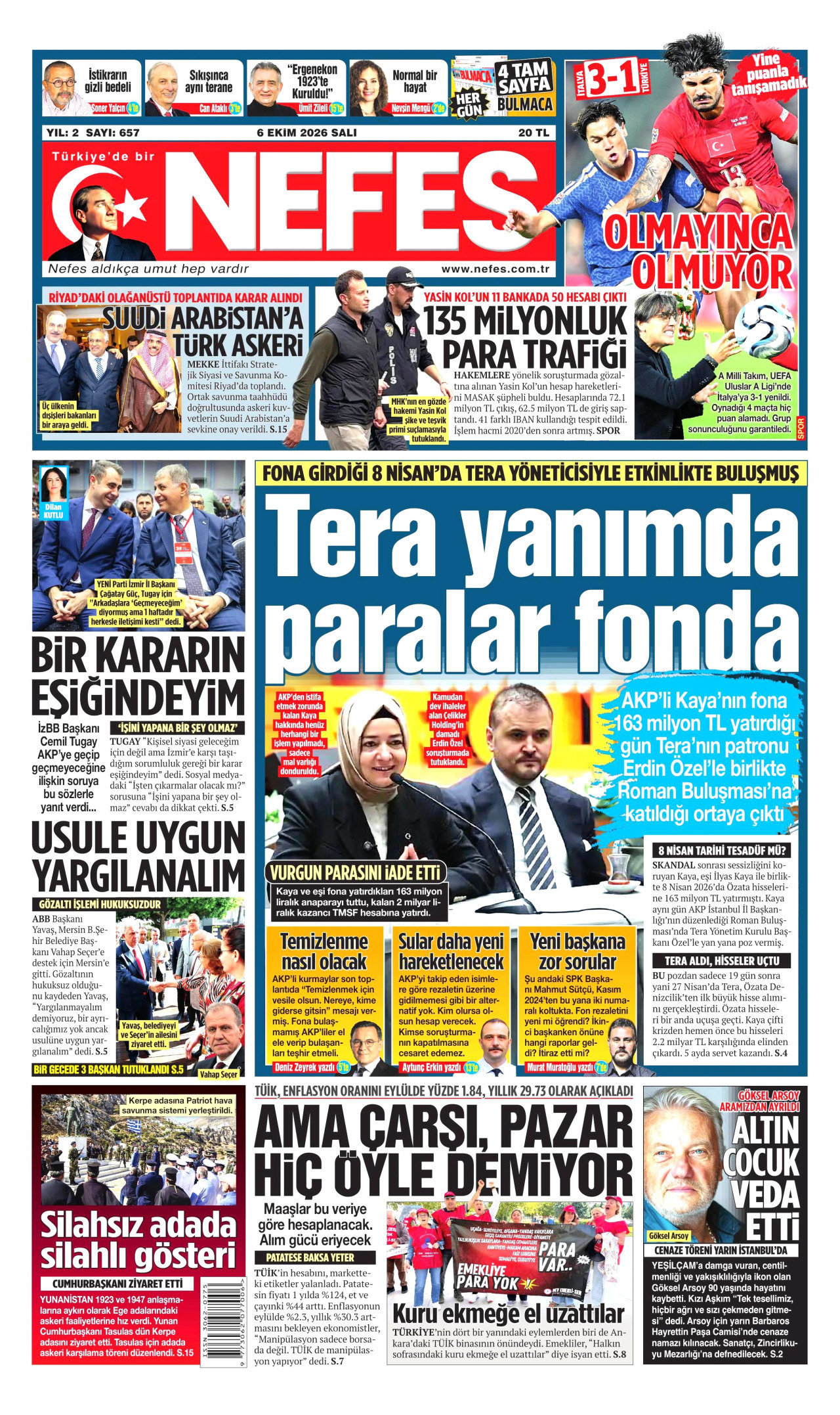 NEFES gazetesi 6 Ekim 2026 tarihli ilk sayfası