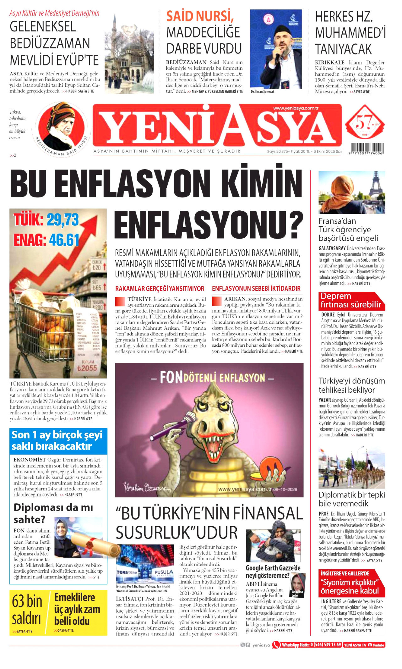 YENİ ASYA gazetesi 6 Ekim 2026 tarihli ilk sayfası