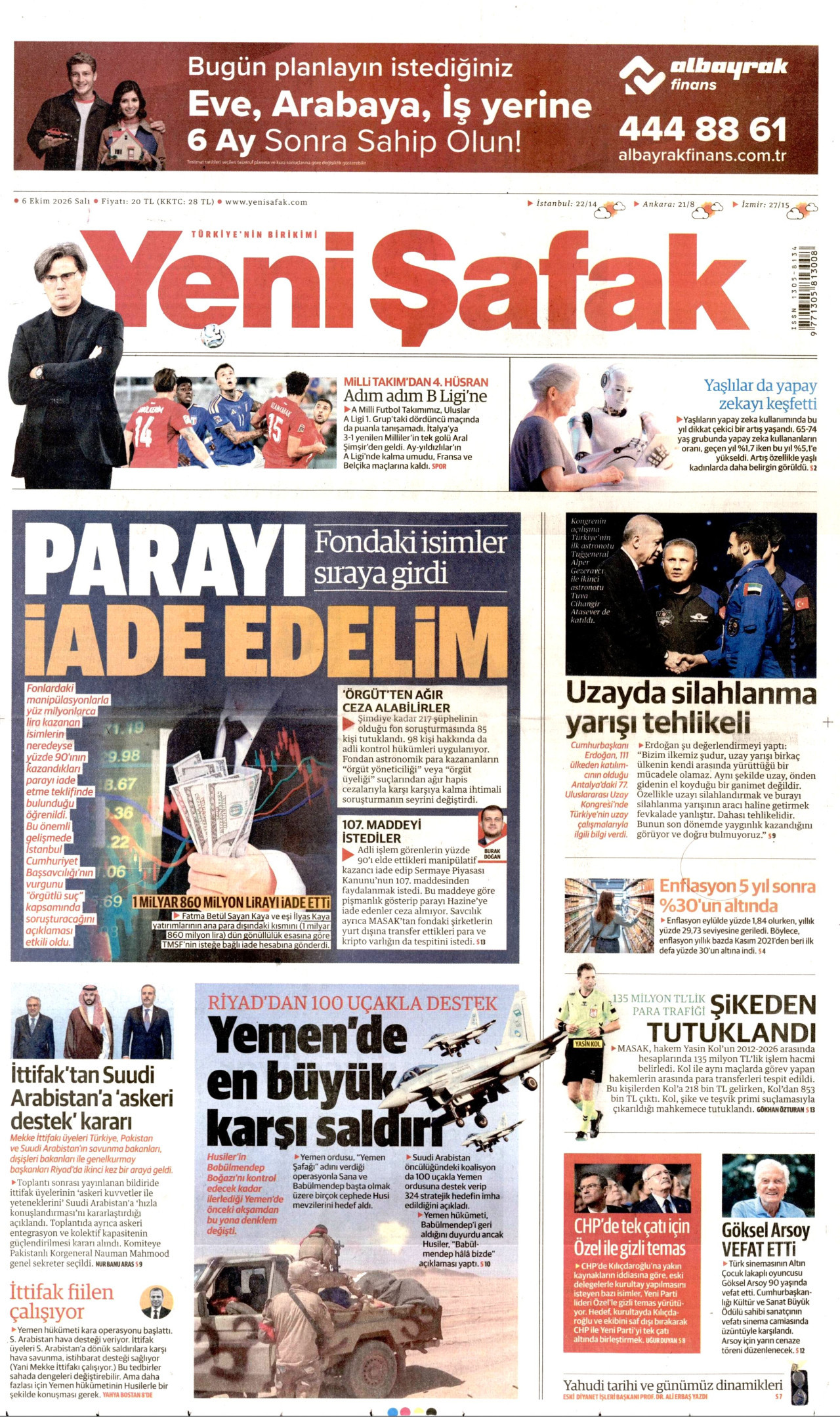 YENİ ŞAFAK gazetesi 6 Ekim 2026 tarihli ilk sayfası