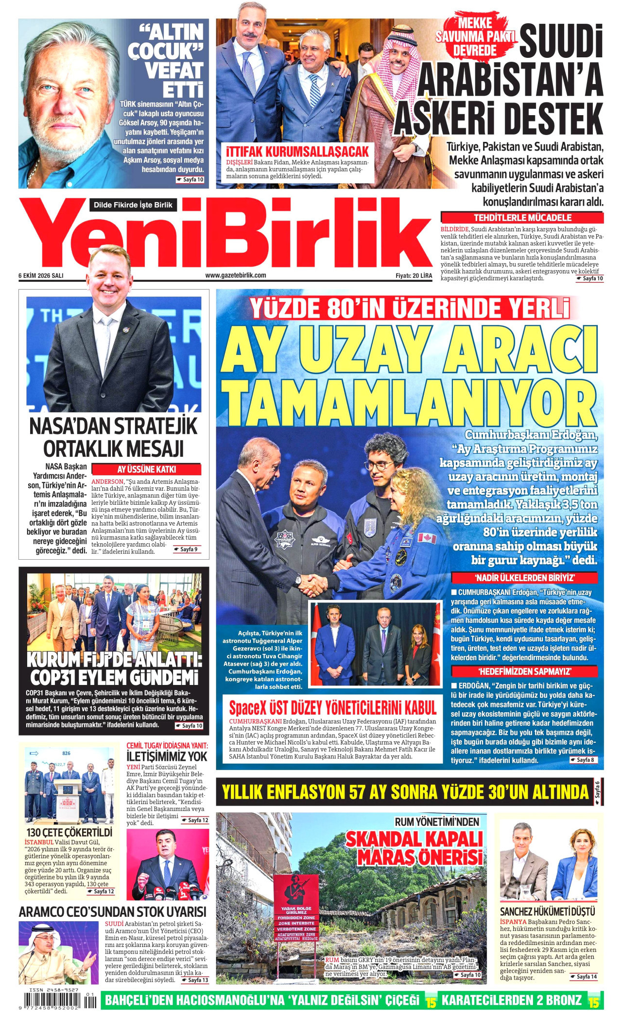 YENİBİRLİK gazetesi 6 Ekim 2026 tarihli ilk sayfası