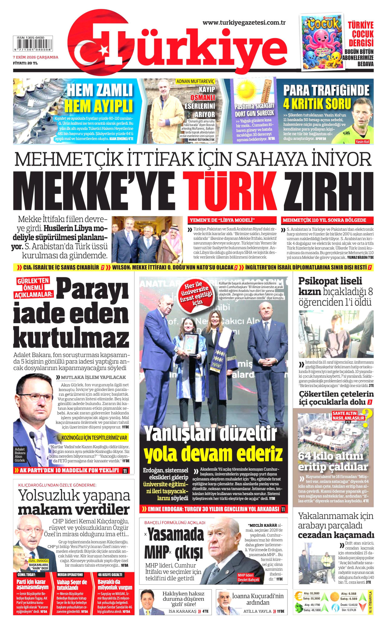 TÜRKİYE GAZETESİ gazetesi 7 Ekim 2026 tarihli ilk sayfası