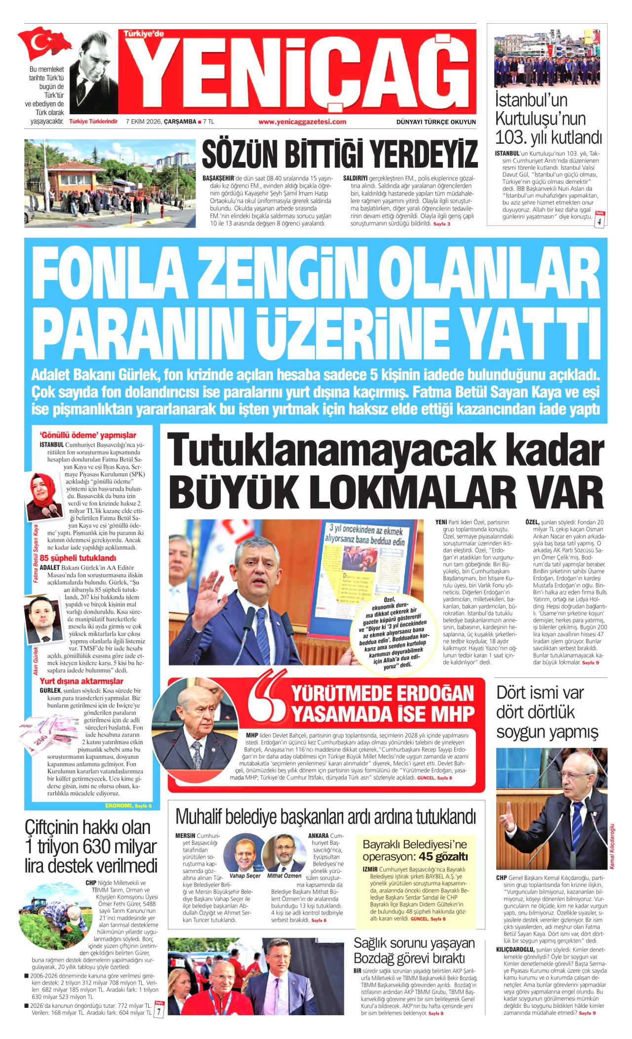 YENİÇAĞ gazetesi 7 Ekim 2026 tarihli ilk sayfası