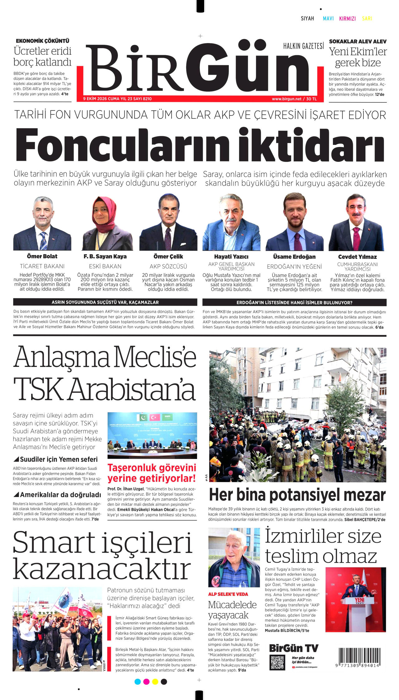 BİRGÜN gazetesi 9 Ekim 2026 tarihli ilk sayfası