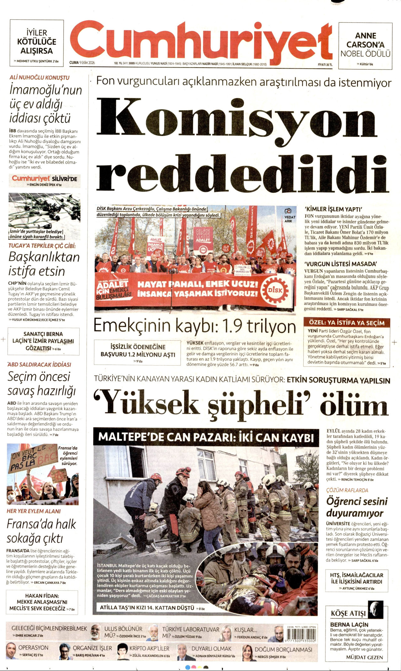 CUMHURİYET gazetesi 9 Ekim 2026 tarihli ilk sayfası