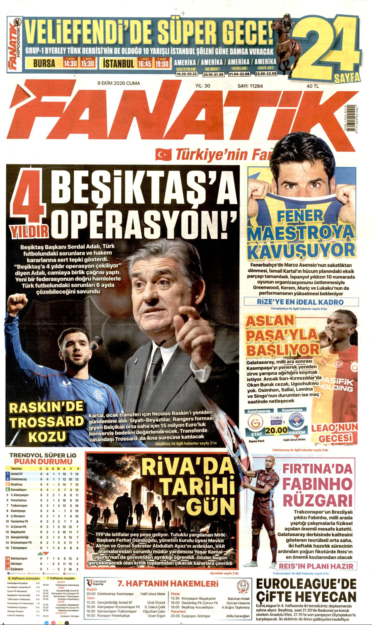 FANATİK gazetesi 9 Ekim 2026 tarihli ilk sayfası