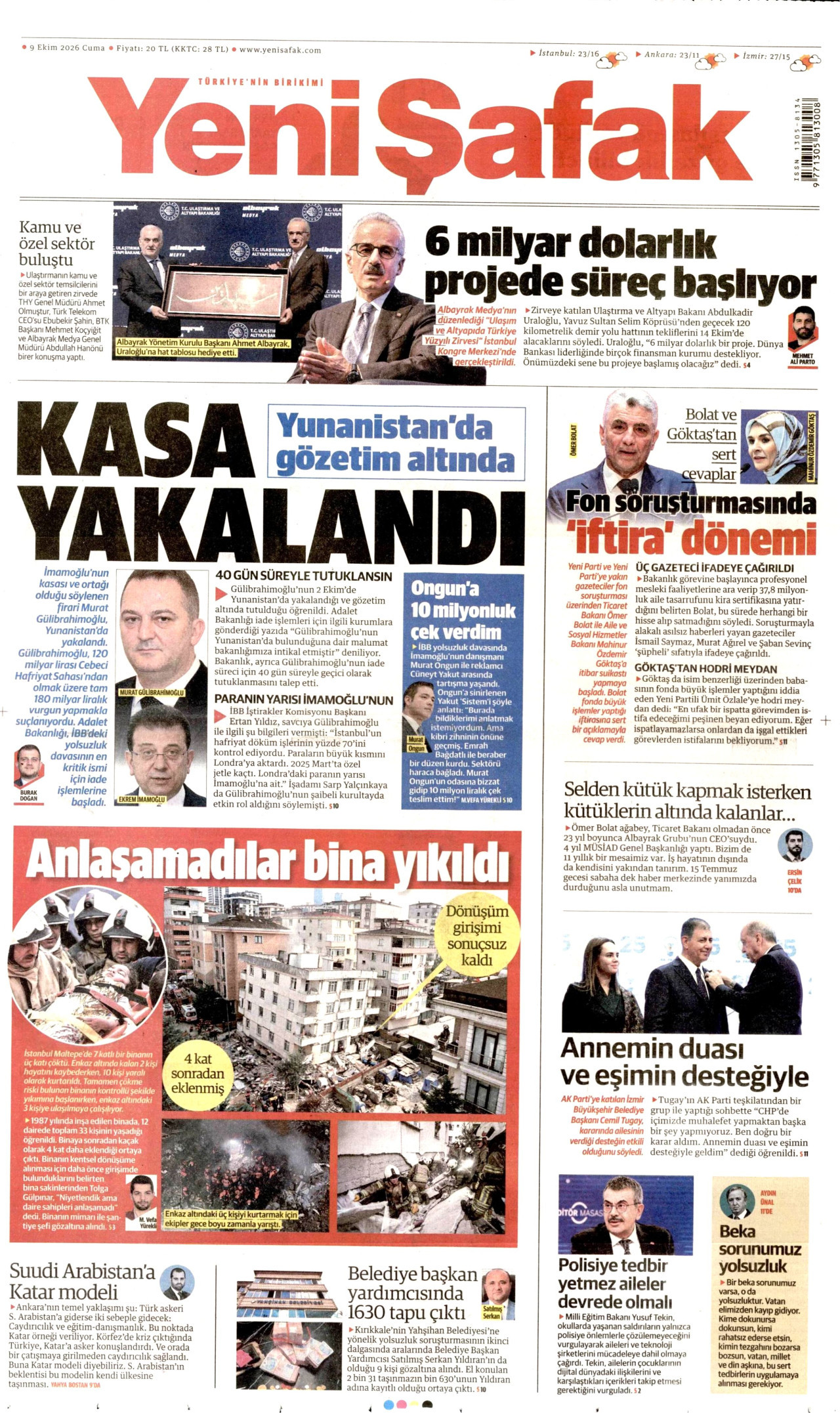 YENİ ŞAFAK gazetesi 9 Ekim 2026 tarihli ilk sayfası