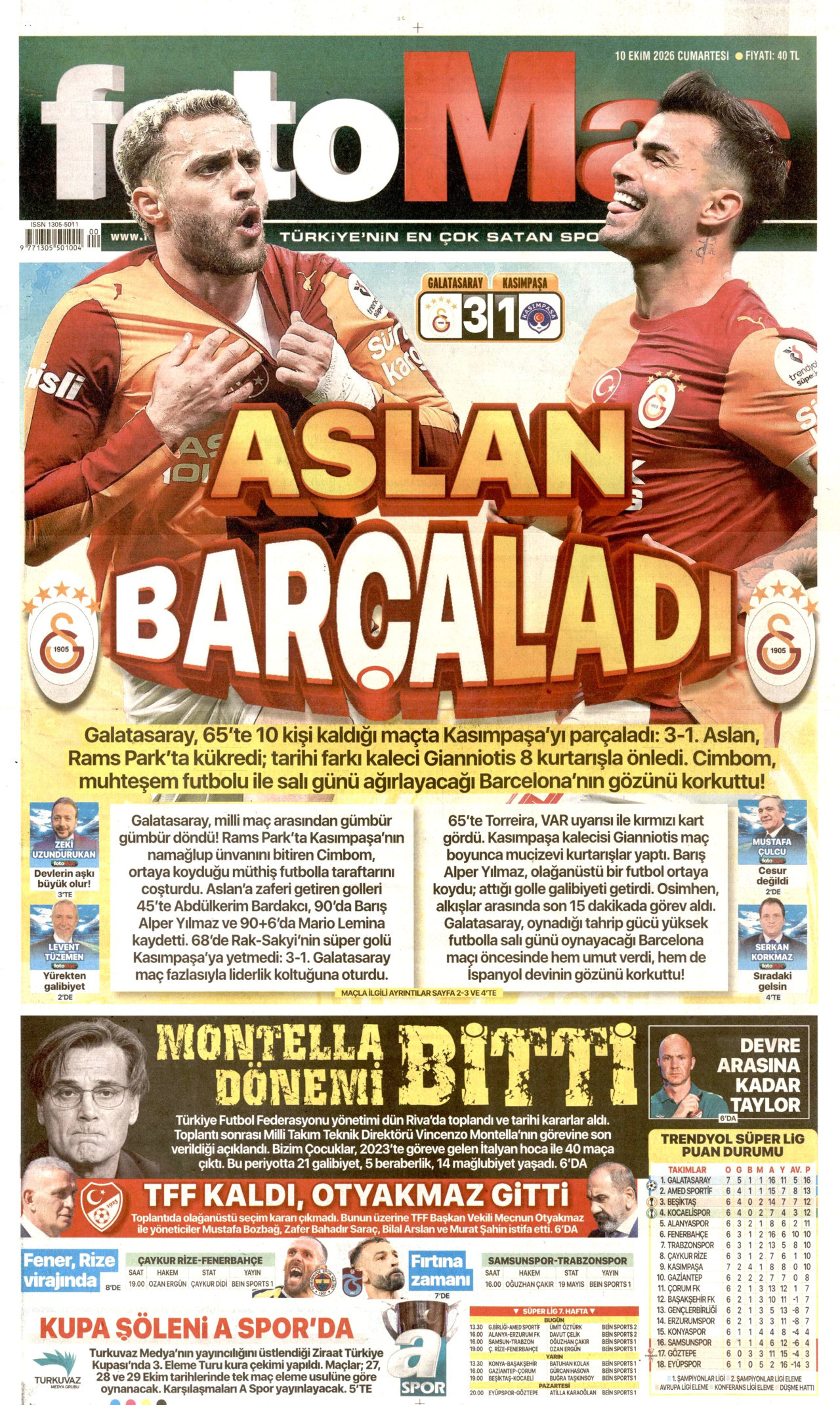 FOTOMAÇ gazetesi 10 Ekim 2026 tarihli ilk sayfası