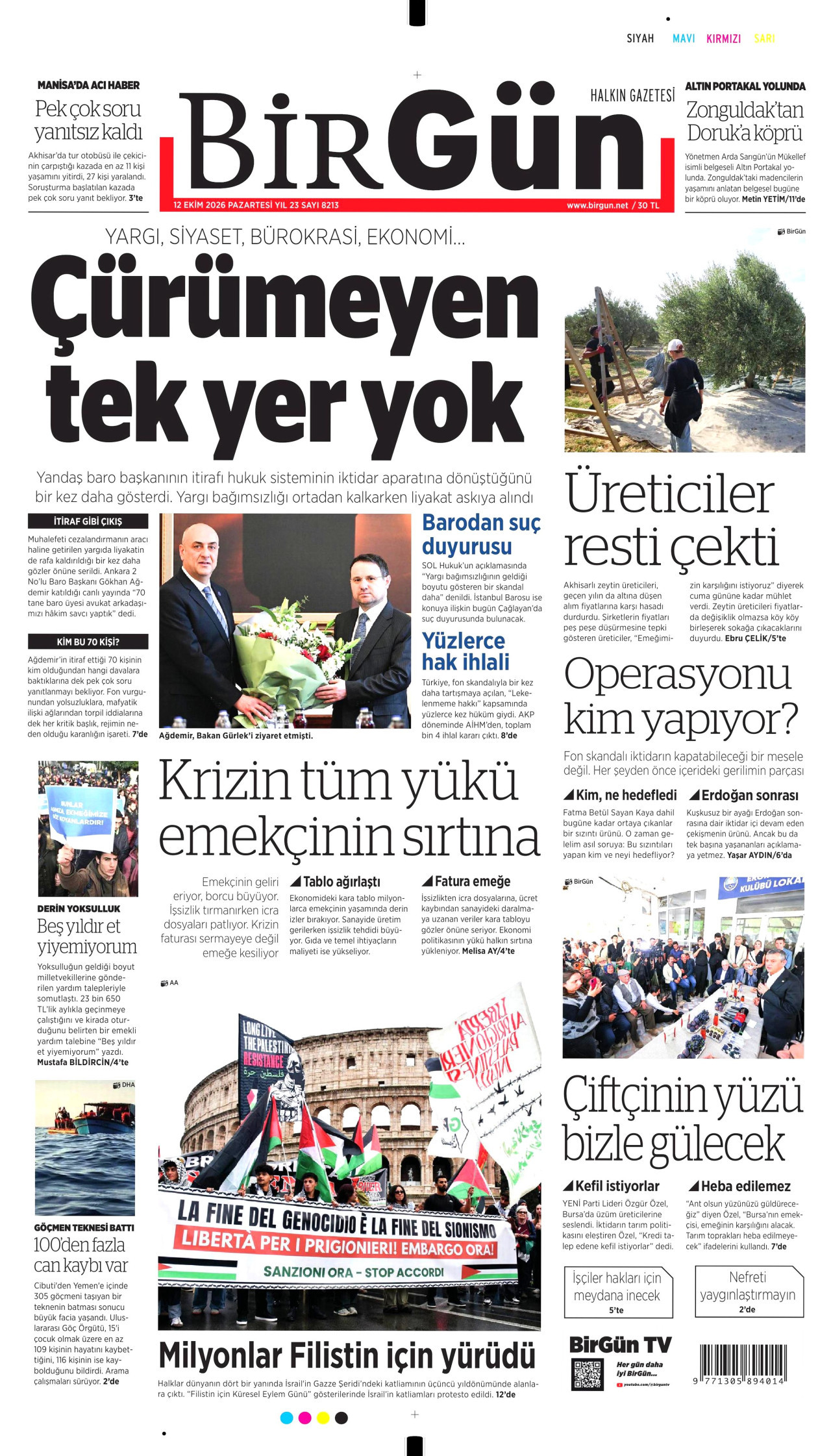 BİRGÜN gazetesi 12 Ekim 2026 tarihli ilk sayfası