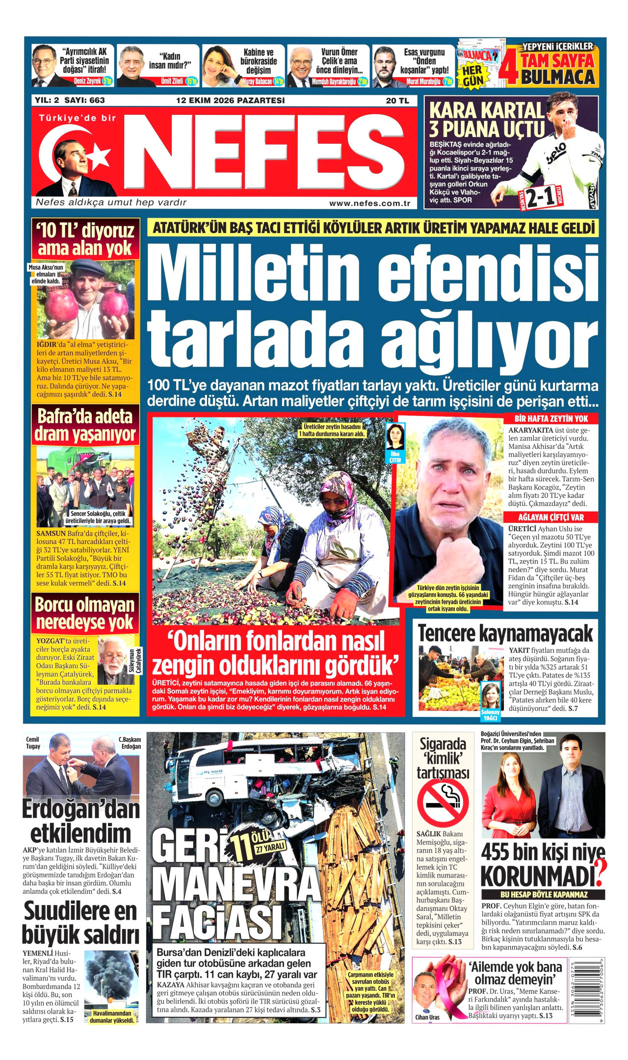 NEFES gazetesi 12 Ekim 2026 tarihli ilk sayfası