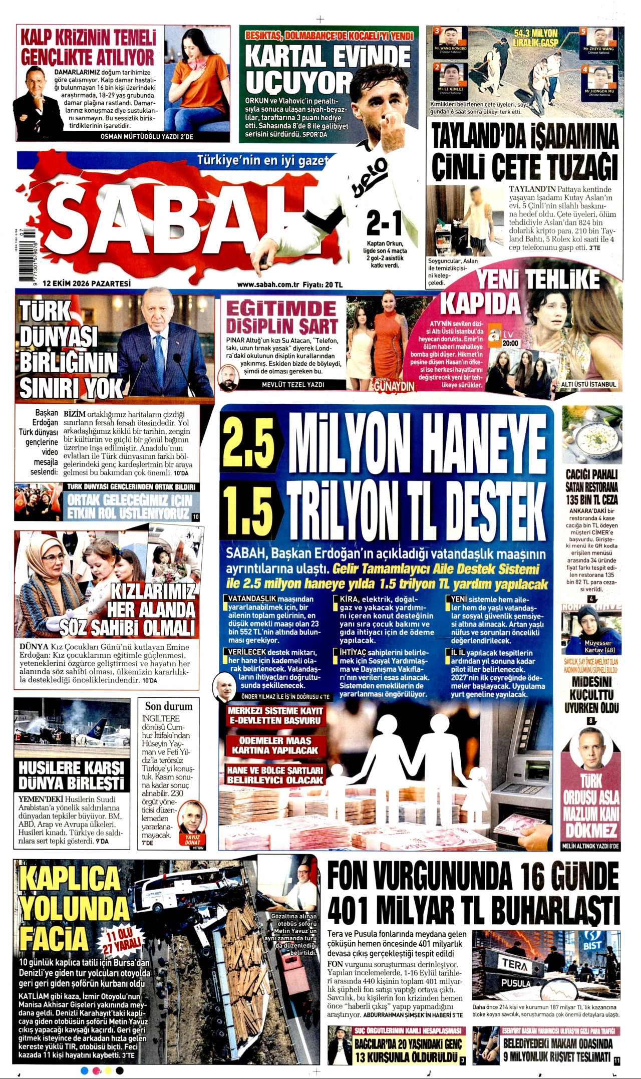 SABAH gazetesi 12 Ekim 2026 tarihli ilk sayfası