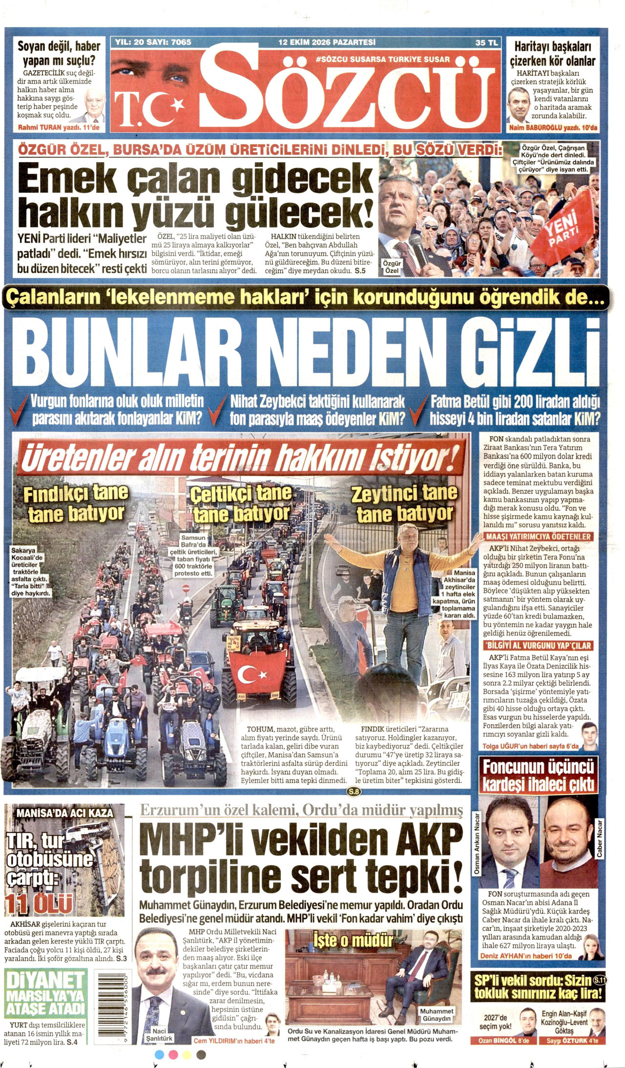 SÖZCÜ gazetesi 12 Ekim 2026 tarihli ilk sayfası