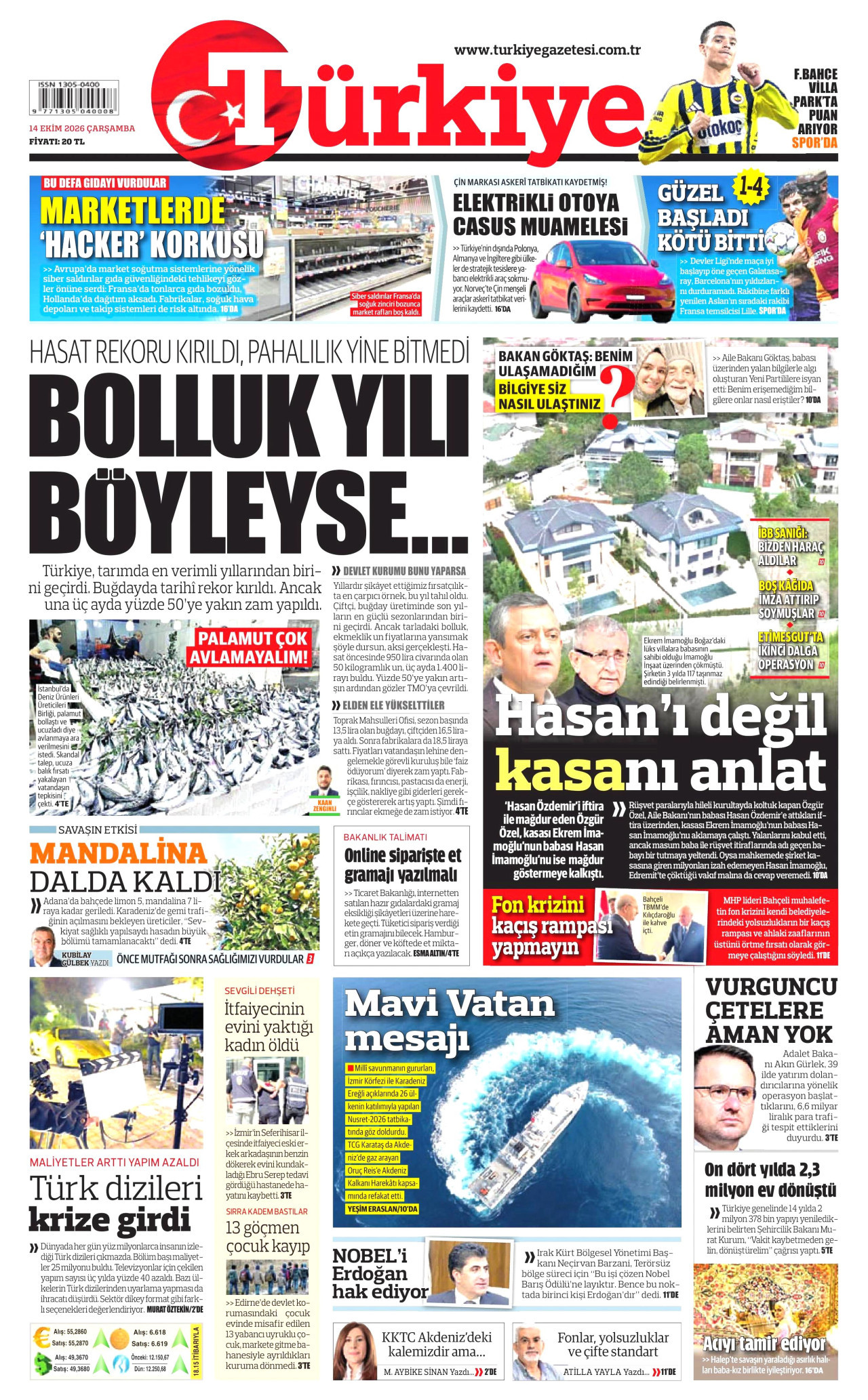 TÜRKİYE GAZETESİ gazetesi 14 Ekim 2026 tarihli ilk sayfası