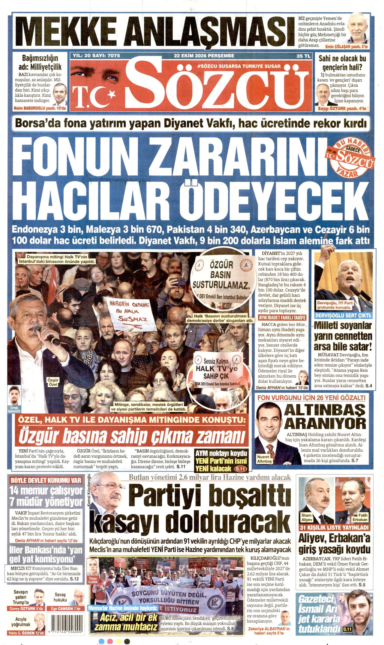 SÖZCÜ gazetesi 22 Ekim 2026 tarihli ilk sayfası
